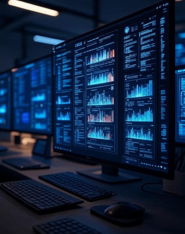 A futuristic robot with a sleek, illuminated design operates a computer workstation, surrounded by multiple screens displaying complex code and data, symbolizing advanced Agentic AI in a high-tech cybersecurity environment in 2025.