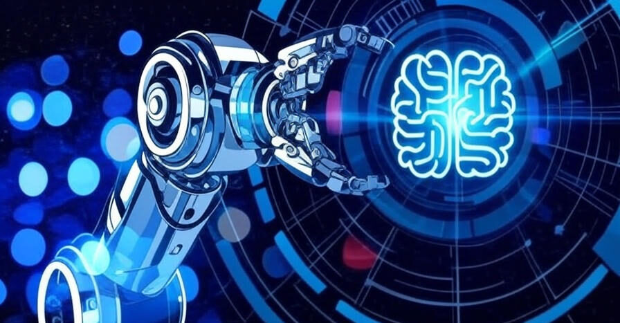 The image depicts a futuristic robotic arm with a metallic, multi-jointed design, extending towards a glowing, neon-blue brain illustration. The background features a dark, high-tech interface with circular patterns, blue lines, and scattered light bokeh effects, emphasizing a theme of artificial intelligence and advanced technology.