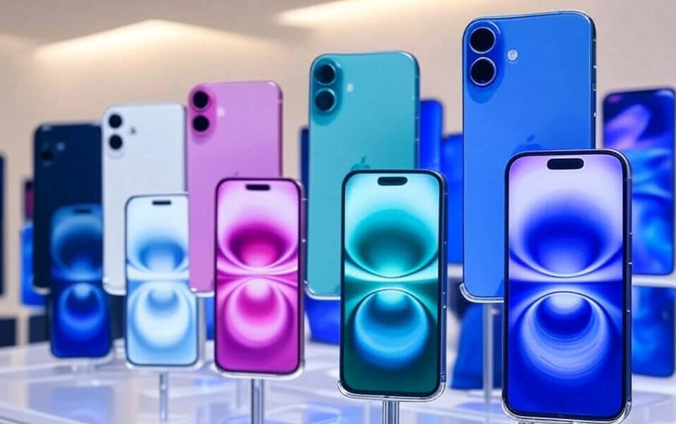 The image depicts a display of multiple smartphones with vibrant, colorful screens, arranged vertically on stands. The phones feature a variety of colors, including black, white, pink, teal, and blue, with their screens showcasing a symmetrical, abstract design featuring concentric circular patterns in matching hues. The setting appears to be a retail or exhibition environment, with blurred figures and a neutral background.