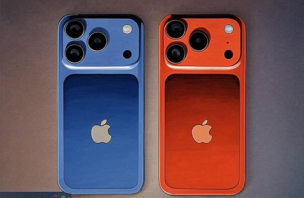The image depicts two smartphone devices with a distinctive design, featuring a prominent camera module with multiple lenses arranged in a triangular pattern on the back. The device on the left is colored in a gradient blue shade, while the device on the right is colored in a gradient orange shade. Both devices display an Apple logo centered on the back. The background is a neutral gradient, and the image includes a watermark with the text "BornaAI" in the bottom left corner.
