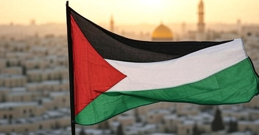 The image depicts a flag with horizontal stripes of black, white, and green, featuring a red triangle based at the hoist. The flag is shown waving against a blurred background, with one version featuring a cloudy sky and another version including a cityscape with a golden dome and minaret at sunset.