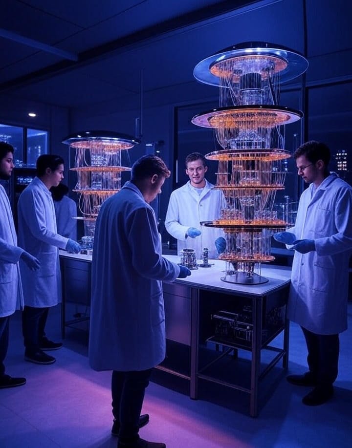 A high-tech laboratory featuring advanced quantum computers with intricate cryogenic systems, illuminated by dramatic blue and purple lighting. Researchers in white lab coats are engaged in work around the machines, showcasing a cutting-edge environment inspired by 2025 breakthroughs like IonQ's high-fidelity qubits and Quantum Brilliance's room-temperature QPUs.