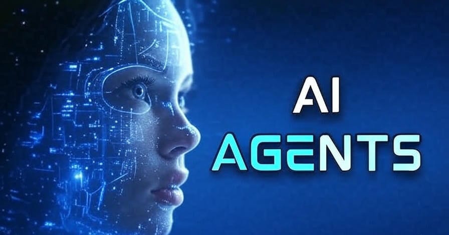 A futuristic image featuring a profile view of a woman's face composed of glowing blue digital circuitry, symbolizing artificial intelligence. The text "AI AGENTS" is prominently displayed in large, bold letters, with "AI" in white and "AGENTS" in cyan, set against a dark blue background with abstract digital patterns.