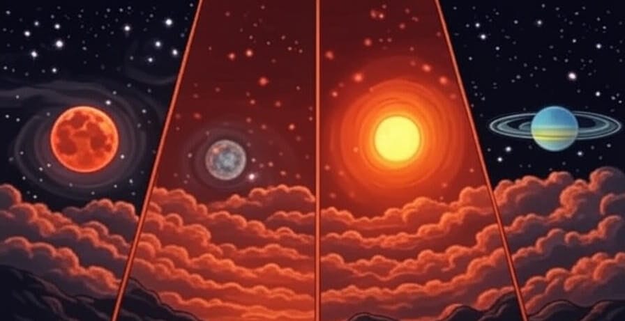 The image depicts a celestial scene divided into three vertical sections against a dark sky. The left section features a reddish planet, resembling Mars, with a swirling atmosphere, accompanied by a small moon and stars. The central section showcases a solar eclipse with a bright sun partially obscured by a dark planet, set against a vibrant red and orange cloud backdrop. The right section displays two ringed planets, resembling Saturn, with a smaller moon and additional stars, framed by a similar cloudscape. The edited image includes a second variation with a similar layout, featuring a red planet, a solar eclipse, and two ringed planets with distinct colors and atmospheric effects.