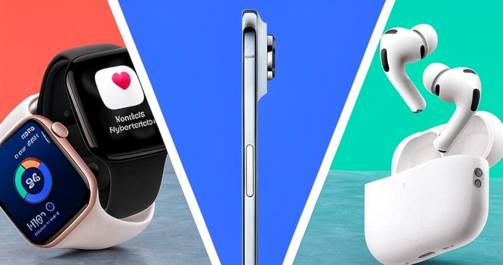The image features three electronic devices displayed against a tri-colored background divided into orange, blue, and green sections. On the left, an Apple Watch with a black and white strap is shown, displaying a health app interface with a pink heart icon and text indicating "Possible Hypertension" along with a sleep score of 84. In the center, a silver smartphone is presented in a side profile, highlighting its sleek design and camera module. On the right, a pair of white AirPods with their charging case are depicted, with one earbud removed and the case open. The background includes a subtle bokeh effect with colorful light spots.