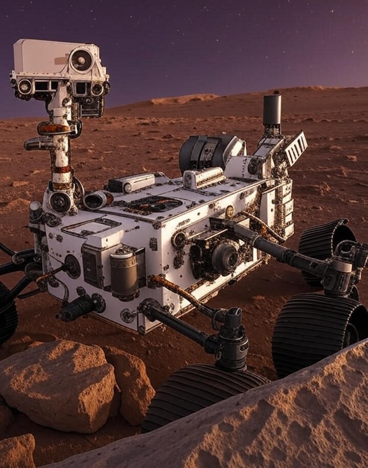 Image of NASA's Perseverance rover on the reddish Martian terrain, showing wheel tracks and scattered rocks in Jezero Crater, part of the mission to detect organic compounds.