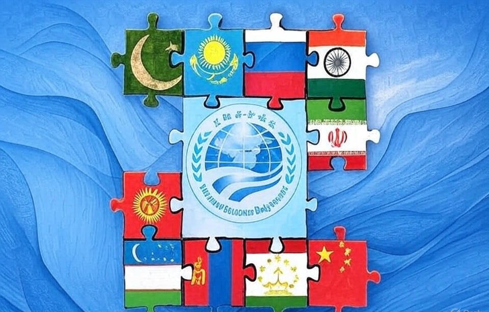 The image depicts a puzzle composed of the national flags of several countries arranged around a central emblem, set against a blue background with swirling patterns. The central piece features the logo and text of the Shanghai Cooperation Organisation (SCO), an intergovernmental organization focused on regional security, economic cooperation, and political collaboration. The surrounding flags represent the member states of the SCO, including China, Russia, India, Pakistan, Kazakhstan, Kyrgyzstan, Tajikistan, Uzbekistan, and Iran. The design, with interlocking puzzle pieces and a global emblem, symbolizes unity and collaboration among these nations. The edited version of the image features a more pronounced blue swirl background, enhancing the visual cohesion of the composition.2025