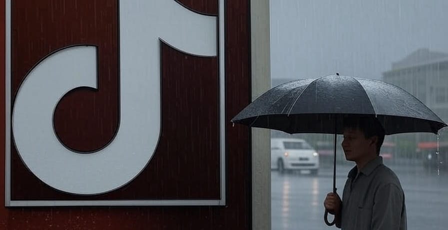 The image depicts a large TikTok logo on a brown background on the left side, with a person holding a black umbrella standing in the rain on the right side. In the background, a blurred urban scene includes a white vehicle and wet pavement, suggesting a rainy day. The second image shows the same TikTok logo on the left, with a group of people walking with umbrellas in a rainy street setting on the right, featuring blurred buildings and storefronts.