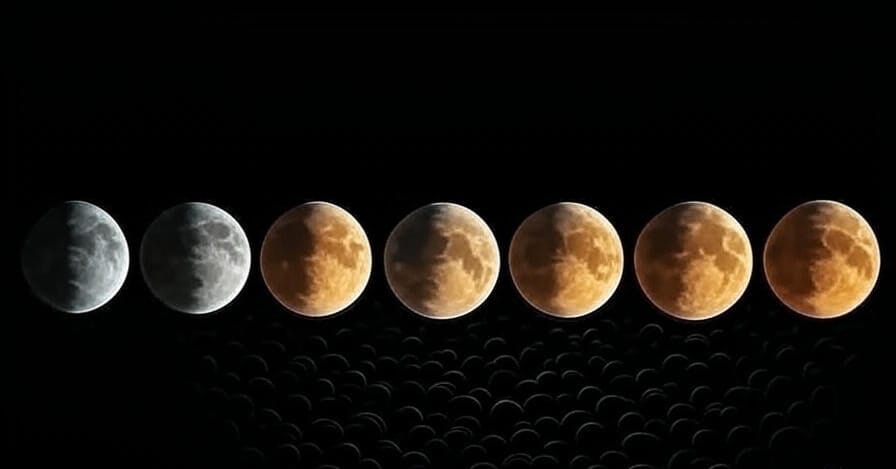 The image depicts a sequence of seven lunar phases displayed in a horizontal row against a black background. The phases transition from a partially illuminated moon on the left to a fully illuminated reddish moon on the right, resembling a lunar eclipse progression. The edited image includes a second variation showing seven moon-like spheres on a lunar surface with a dark blue sky, transitioning from shadowed to fully lit spheres.