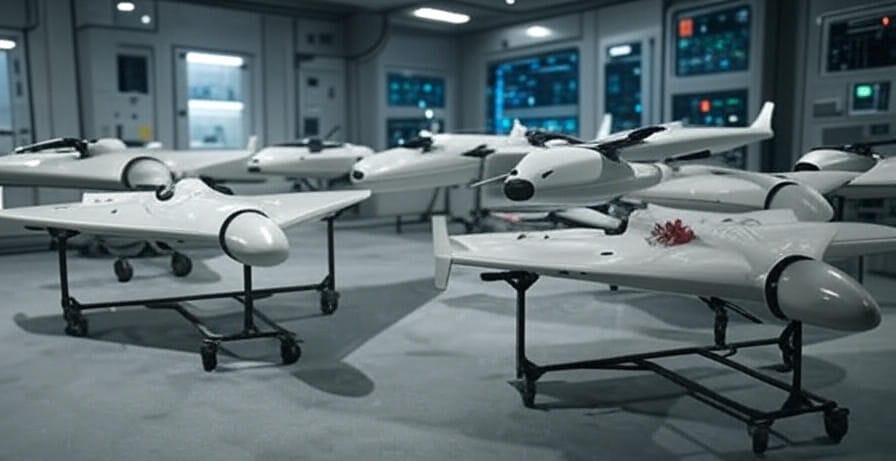 Several white unmanned aerial vehicles (drones) mounted on wheeled stands inside a modern indoor facility with green doors and control panels in the background.