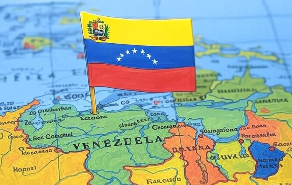 Map of Venezuela with its national flag, highlighting the region amid U.S. authorization of covert CIA operations targeting President Nicolás Maduro, amidst naval deployments in the Caribbean and escalating U.S.-Venezuela tensions.