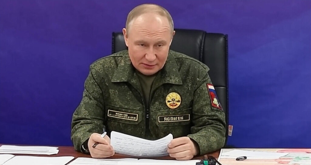 A sleek, nuclear-powered Burevestnik cruise missile in mid-flight over a snowy Russian landscape, with Vladimir Putin in military uniform observing from a command center, symbolizing Russia's successful missile test amid Eastern European tensions.