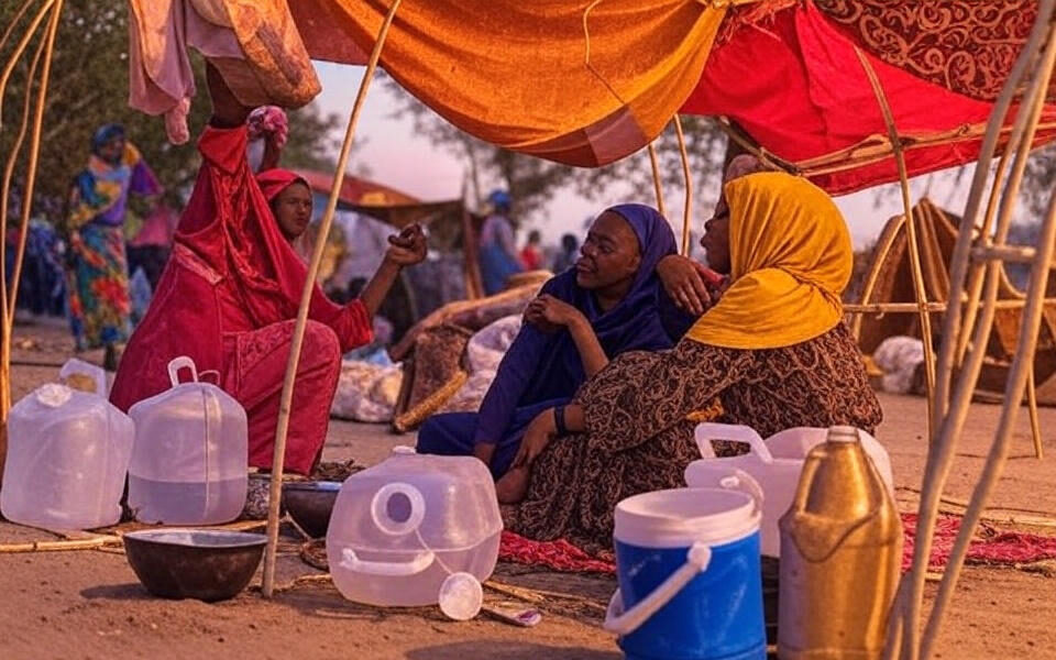 Displaced women and children seek shelter under makeshift tarps in a crowded Zamzam displacement camp near El Fasher, North Darfur, surrounded by water containers and sparse belongings, amid the humanitarian crisis triggered by the Rapid Support Forces' siege and capture of the city on October 26, 2025, which left over 2,000 civilians dead and hundreds of thousands fleeing famine and violence.