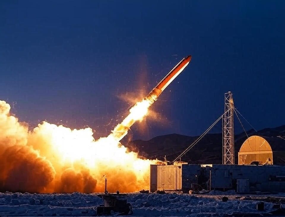 A dynamic depiction of the Burevestnik nuclear-powered cruise missile soaring over a Russian tundra at dusk, with Vladimir Putin and military officials monitoring from a high-tech command center, reflecting the successful test on October 27, 2025, amid rising Eastern European tensions.