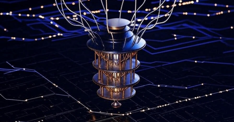 The image depicts a futuristic representation of a vacuum tube or advanced electronic component, featuring a multi-layered metallic structure with a golden-brown interior and a dark exterior. The component is connected to multiple thin, glowing blue wires extending outward. It is set against a dark background with a network of illuminated blue circuit lines and scattered light points, suggesting a high-tech or digital environment.