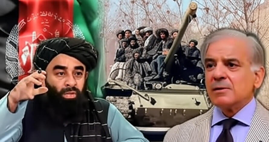 The image is a composite featuring three distinct sections. On the left, an individual wearing traditional attire, including a turban and vest, is gesturing with a hand near a microphone, with the Afghan national flag prominently displayed in the background. In the center, a military tank is depicted with several armed personnel riding on it, set against a backdrop of barren trees and a mountainous landscape. On the right, a man in a formal suit and tie, with a lapel pin and the Pakistani flag in the background, is shown in a serious pose. The image appears to convey a blend of political and military themes.