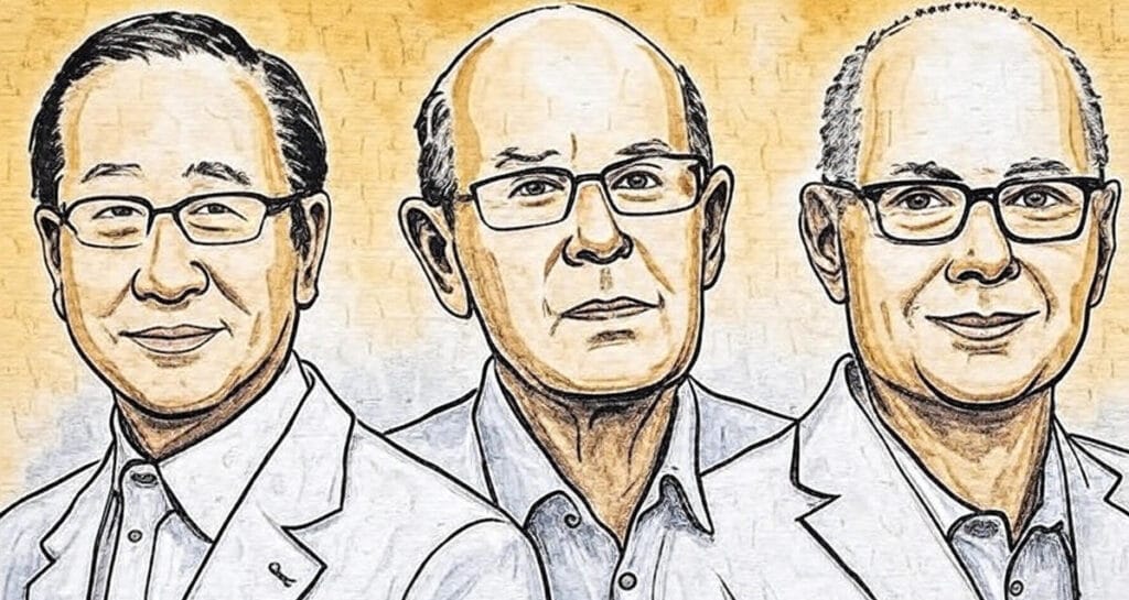 A hand-drawn illustration featuring three individuals in suits and ties, depicted with golden outlines on a textured background, representing the 2025 Nobel Prize in Chemistry laureates.