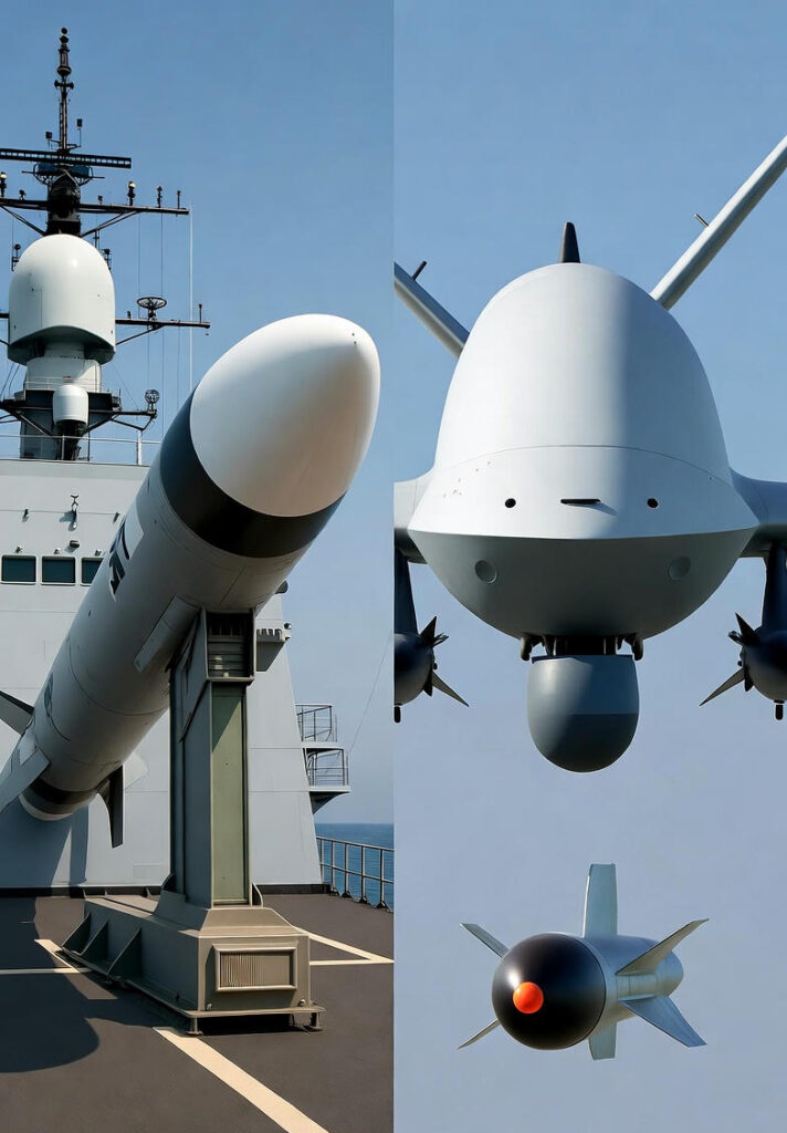 "Infographic titled 'India's Arms Deals Surge After May 2025' featuring advanced weaponry including S-400 Triumf air defense system, Sukhoi Su-57 stealth fighter jets, and BrahMos supersonic cruise missiles, with maps highlighting border security enhancements and domestic manufacturing hubs in India.