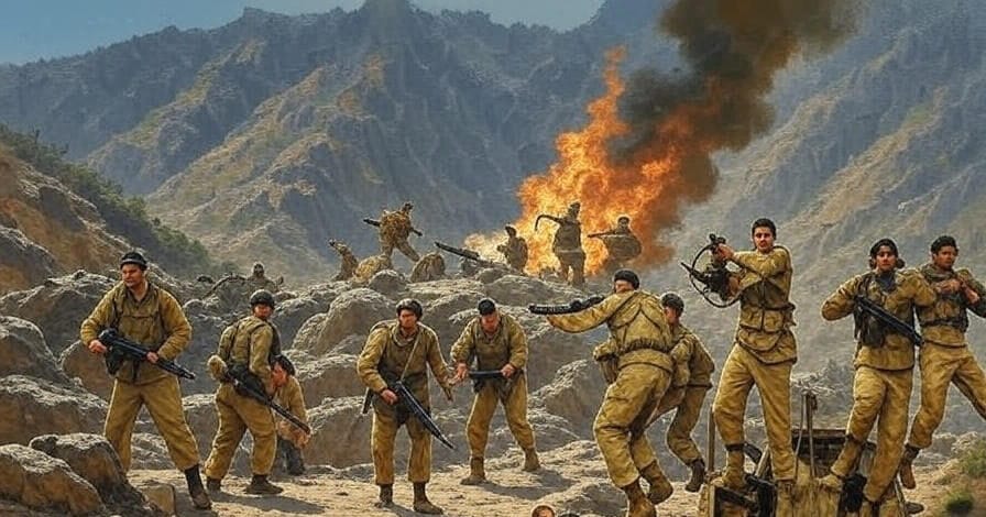A dramatic scene depicting a violent clash between the Pak Army and Afghan Taliban on the Durand Line, featuring soldiers in combat poses with rifles, some leaping into action, and others amidst burning vehicles and thick smoke. The image includes the text "PAK ARMY-AFGHAN TALIBAN VIOLENT CLASH ON DURAND LINE | WATCH" at the top.
