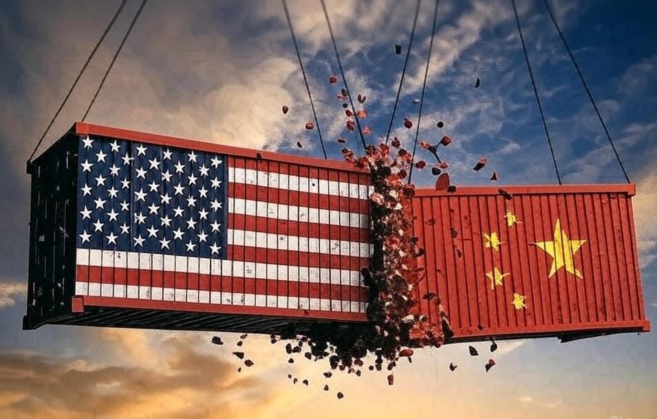 The image depicts two shipping containers suspended in the air, one adorned with the flag of the United States and the other with the flag of China. The containers are shown colliding, with debris exploding from the point of impact, symbolizing a conflict or disruption. The background features a dramatic sky with a mix of clouds and a sunset, adding to the intensity of the scene.