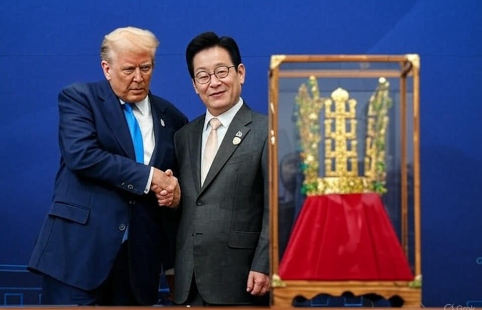 U.S. President Donald Trump shakes hands with South Korean President Lee Jae-myung beside a glass-encased golden ceremonial artifact during bilateral talks at the APEC summit in Busan, South Korea, on October 30, 2025, where Trump announced the transfer of U.S. nuclear submarine propulsion technology to bolster Indo-Pacific alliances.