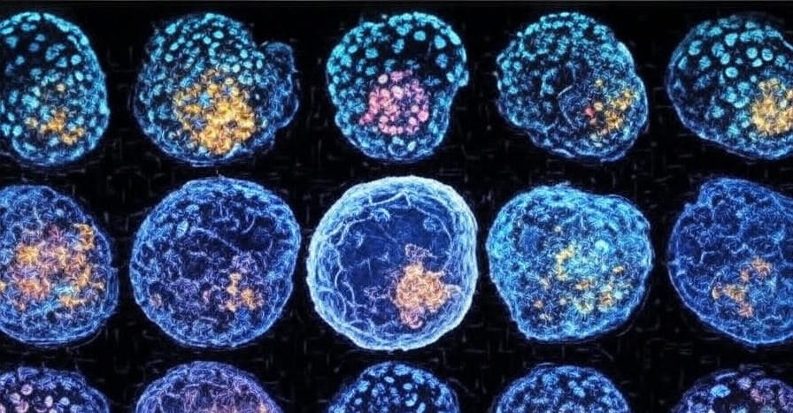 The image displays a collection of embryonic cells arranged in a grid pattern against a dark background. Each cell is depicted with vibrant colors, including shades of blue, purple, green, and orange, highlighting their intricate internal structures and surface details, suggesting various stages of cellular development.