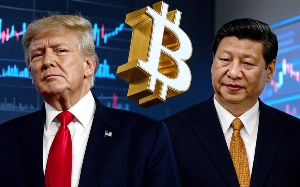 The image features two individuals in formal attire, one wearing a dark suit with a red tie and an American flag pin, and the other in a dark suit with an orange tie. Between them, a large three-dimensional Bitcoin symbol is prominently displayed against a yellow circular background, symbolizing cryptocurrency. The backdrop includes a financial chart with fluctuating lines, set against a vibrant pink background, suggesting a focus on economic or cryptocurrency-related themes.
