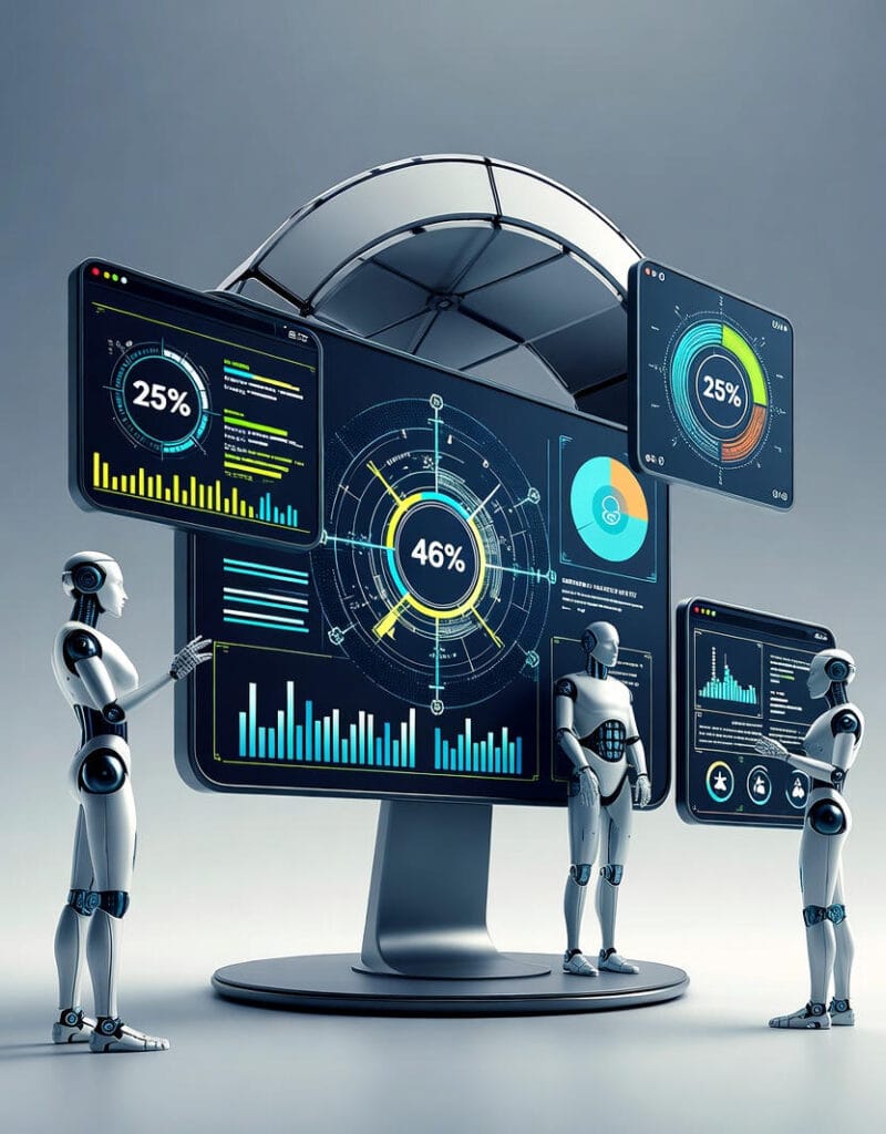 Autonomous AI agents analyzing data on large digital screens with graphs and charts in a modern office, showcasing agentic AI applications revolutionizing business automation in 2025.