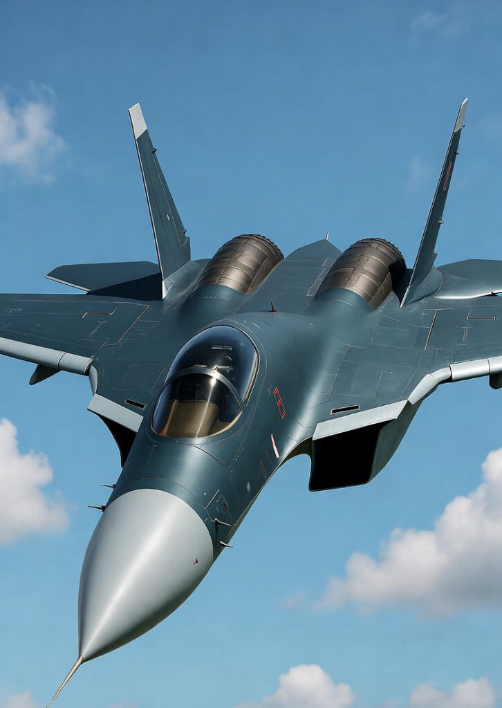 Image titled 'India's Strengthening Air Power After May 2025' showcasing a Sukhoi Su-57 stealth fighter jet in flight against a clear blue sky with clouds, symbolizing air force modernization and strategic defense enhancements through negotiations for S-400 Triumf air defense systems and Su-57 fighters