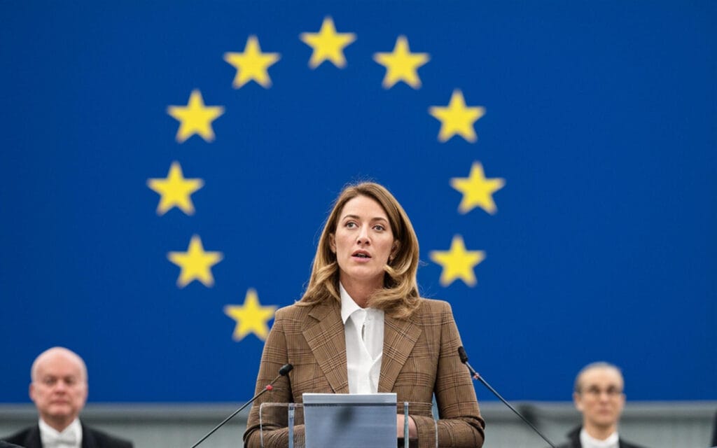 The image depicts a person standing at a podium, delivering a speech in front of a blue background featuring a circle of twelve yellow stars, representing the flag of the European Union. The individual is dressed in a brown checkered blazer over a white shirt. Two microphones are positioned on the podium, and two other individuals, dressed in formal attire, are seated in the background, slightly out of focus. The setting appears to be a formal conference or parliamentary session.