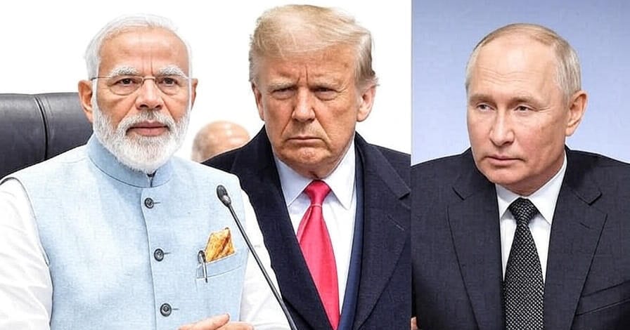 The image depicts three individuals seated side by side against a plain background. The person on the left is wearing a light blue traditional outfit with a white shirt underneath, the person in the middle is dressed in a dark suit with a red tie, and the person on the right is wearing a dark suit with a dark tie. They appear to be in a formal setting, possibly a meeting or conference.