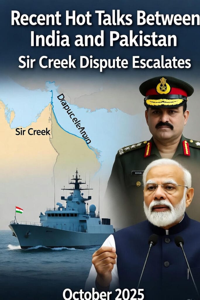 A visual representation of recent hot talks between India and Pakistan over the Sir Creek dispute in October 2025. The image features a map highlighting the Sir Creek region with red and orange lines marking the disputed boundary. Two military officers, one representing India with a green uniform and the Indian flag, and the other representing Pakistan with a black uniform and the Pakistani flag, stand facing each other. Background elements include a naval ship, a radar dish, and a wind turbine, symbolizing military and resource tensions. The text overlay reads 'Sir Creek Dispute, Recent Hot Talks - October 2025, The Sir Creek dispute,' emphasizing the escalating diplomatic and military rhetoric.