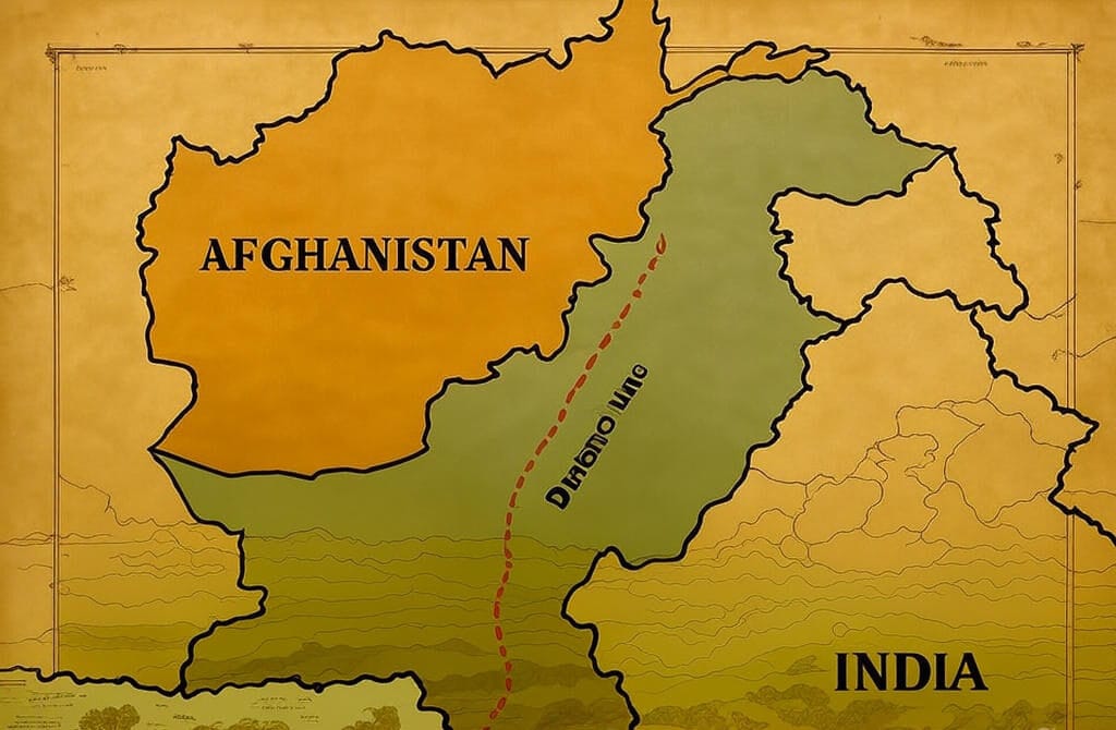 Illustrated map highlighting the Durand Line as a red dashed border separating Afghanistan (in orange) from Pakistan (in green), with India to the southeast, amid escalating 2025 tensions over cross-border terrorism, TTP sanctuaries, and Pakistan's Defence Minister Khawaja Asif's ultimatum to the Afghan Taliban.