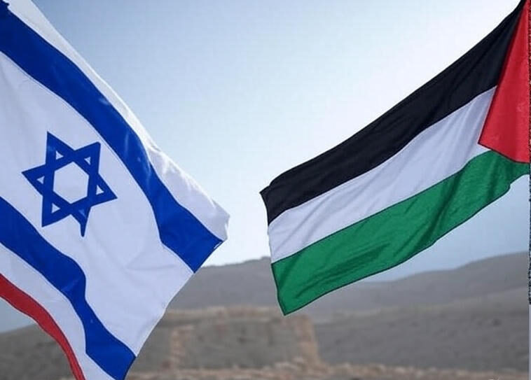 The image depicts two flags, the flag of Israel on the left and the flag of Palestine on the right, positioned against a backdrop of a desert landscape with a stone building and olive trees. The flags are prominently displayed, with the Israeli flag featuring blue horizontal stripes and a blue Star of David, and the Palestinian flag featuring black, white, green, and red vertical stripes. The scene is set under a clear sky, suggesting a neutral and natural environment.