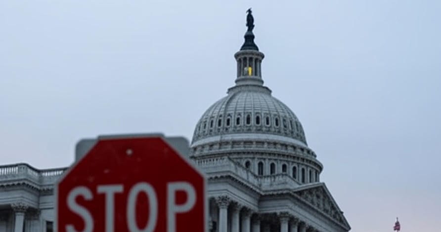 The image shows the United States Capitol building with its distinctive dome and columns, captured during twilight or early evening with a clear sky in the background. In the foreground, a red stop sign with the word "STOP" in white letters is prominently visible, partially obstructing the view of the Capitol. An American flag is seen waving on a flagpole to the right of the building.