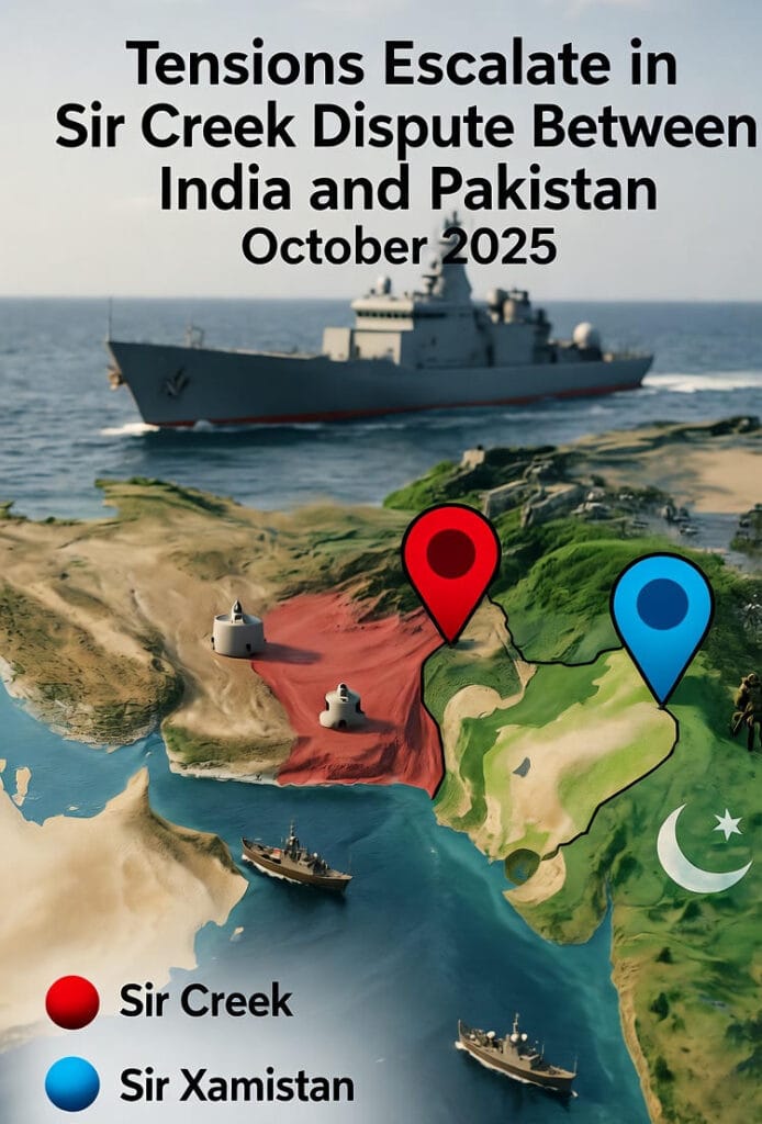 A visual representation of escalating tensions in the Sir Creek dispute between India and Pakistan in October 2025. The image features a map highlighting the Sir Creek region with red and blue markers indicating increased military presence and naval activity. On the left, the Indian flag is shown alongside coastal fortifications and naval ships. On the right, the Pakistani flag is displayed with additional military assets, including a naval vessel. The background includes a detailed map of the disputed Sir Creek area, with text overlay describing naval drills, military build-up, and heightened fears of conflict.
