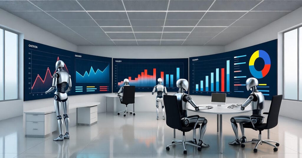 Autonomous AI agents analyzing data on large digital screens with graphs and charts in a modern office, showcasing agentic AI applications revolutionizing business automation in 2025.