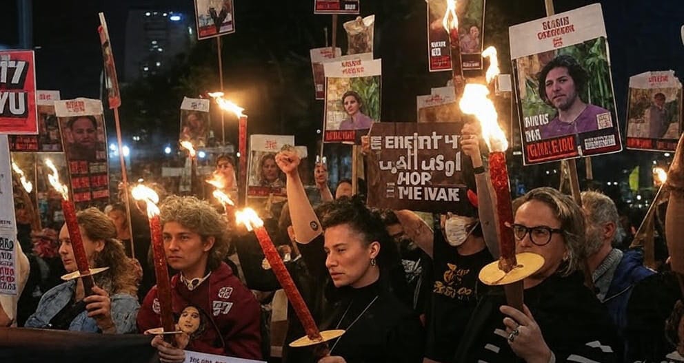 A nighttime vigil on October 14, 2025, featuring a crowd holding lit candles and signs demanding the release of hostages, with messages such as 'Bring Him Home Now' and 'Stop the War' in multiple languages, reflecting the emotional outcry and hope for peace amid the Gaza ceasefire efforts, as covered by newsflayer.com.