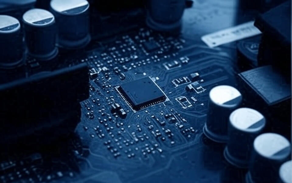 The image depicts a close-up view of a printed circuit board (PCB) featuring a central microchip surrounded by intricate circuitry and various electronic components, including cylindrical capacitors. The board is predominantly dark blue with silver and white elements, highlighting the detailed electronic design.