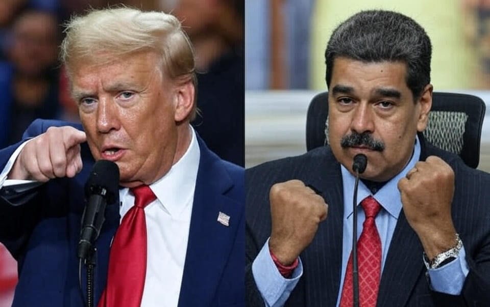 "A split-image confrontation between U.S. President Donald Trump pointing assertively at a podium and Venezuelan President Nicolás Maduro raising clenched fists in defiance, capturing the escalating U.S.-Venezuela tensions over claims of CIA-backed mercenaries plotting a false-flag attack in the Caribbean on October 27, 2025.