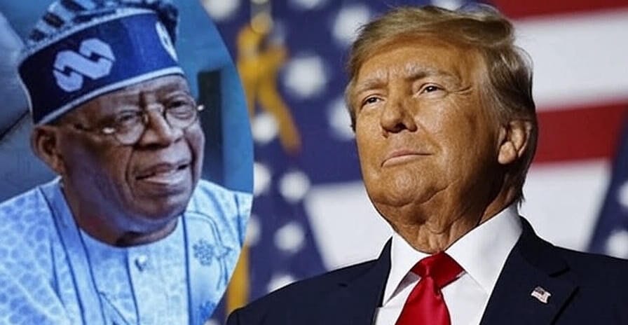 Split-image featuring Nigerian President Bola Ahmed Tinubu in traditional blue attire and cap on the left, and U.S. President Donald Trump in a dark suit with red tie against an American flag backdrop on the right, symbolizing bilateral tensions.