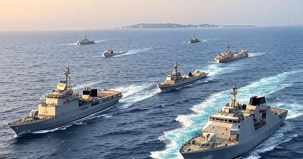 Two advanced naval warships sail side by side in formation on the open ocean during a joint maritime exercise, showcasing naval power and maritime security cooperation amid regional tensions.